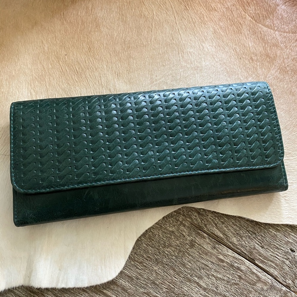 HOBO Embossed Green Leather Tri-Fold Long Wallet